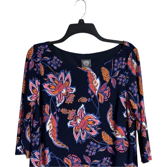 Vince Camuto Floral Shift Dress Size 12 Black Pink Navy 3/4 Sleeve Knee-Length - Picture 5 of 5